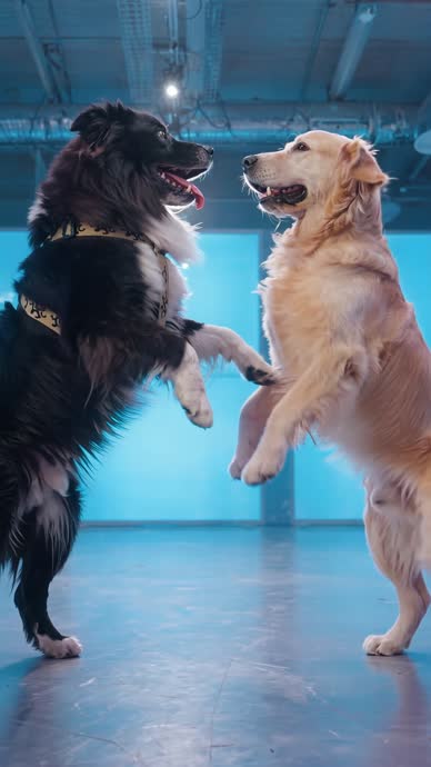 Two dog characters in a studio lit in blue and magenta