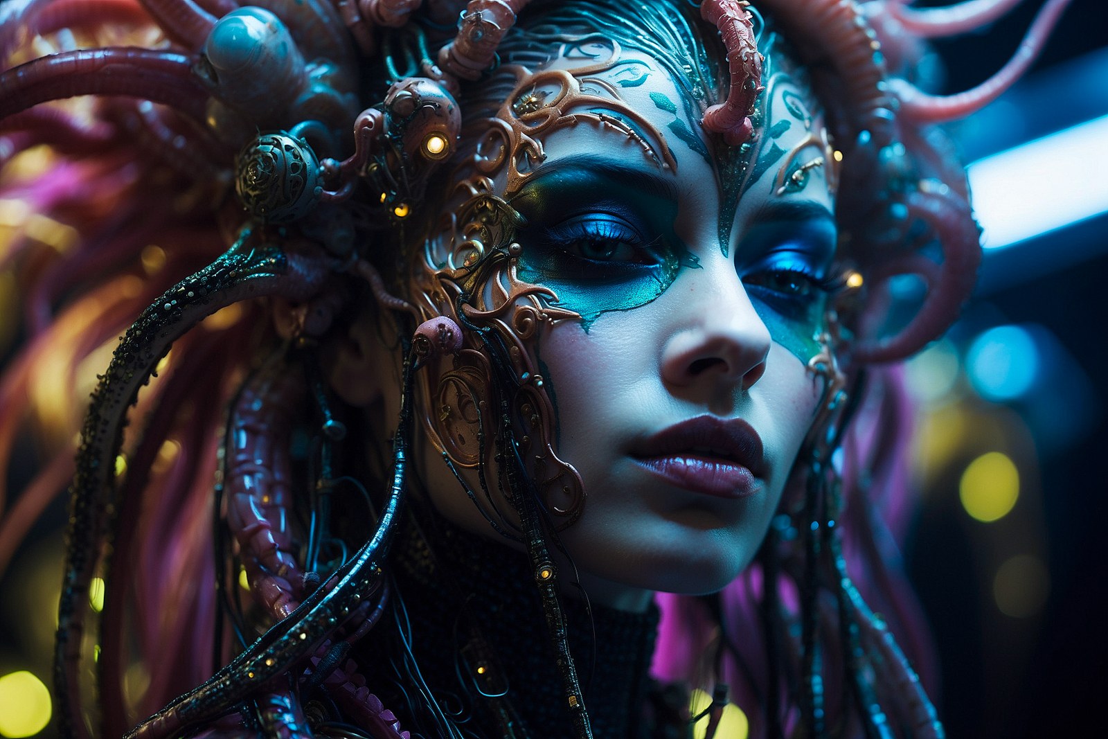 Science-fiction character with sculpted metallic ornamentation and blue cinematic light