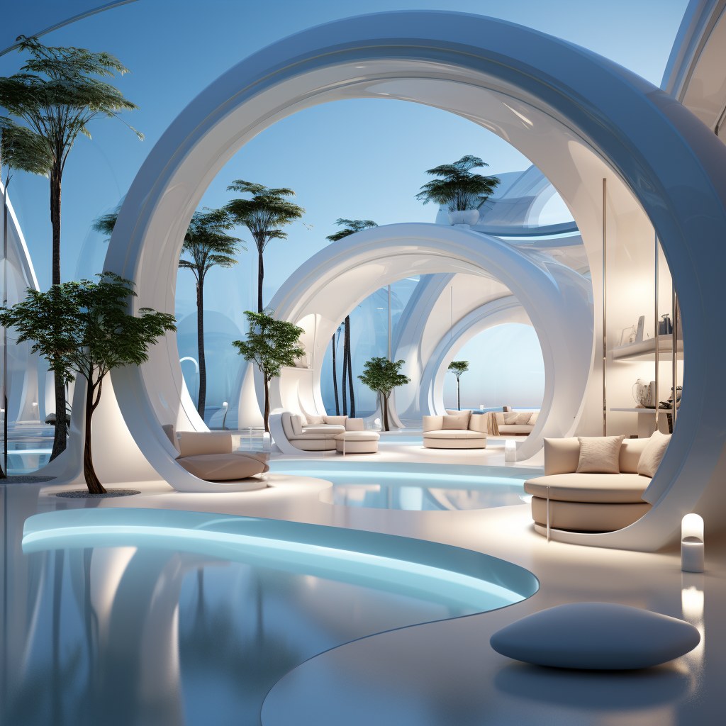 Futuristic white architectural interior with curved structures, water and blue lighting