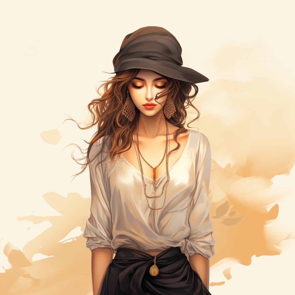Illustrated woman in a black hat and white blouse with warm watercolor accents